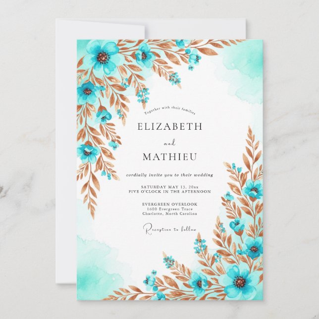 Invitación Boda Artística Costera en Aqua Bronce (Anverso)