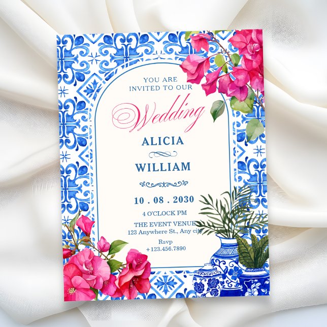 Invitación Boda artística de azulejo blanco azul (Subido por el creador)