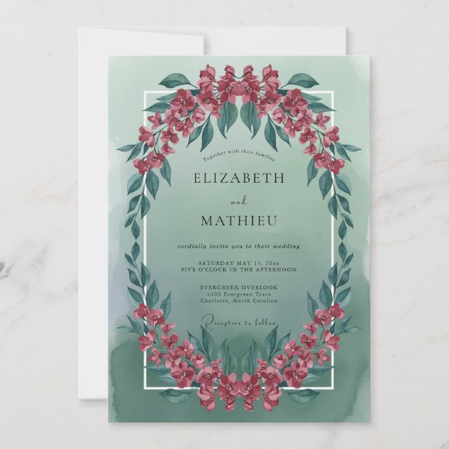 Invitación Boda Artística de Flor de Verde Menta (Anverso)