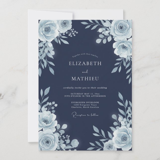 Invitación Boda Artística de Invierno en Azul Marino (Anverso)