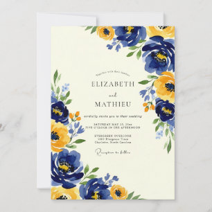 Invitación Boda artística de primavera amarilla y azul marino