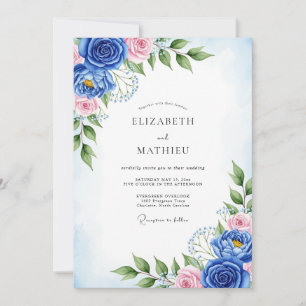 Invitación Boda artística de primavera azul cobalto