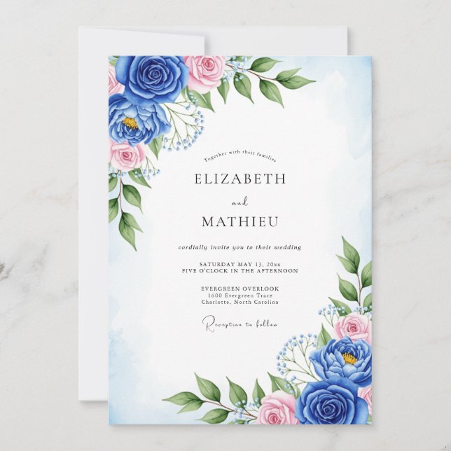 Invitación Boda artística de primavera azul cobalto (Anverso)