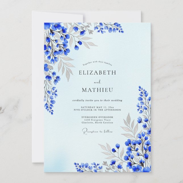 Invitación Boda artística de primavera azul índigo (Anverso)