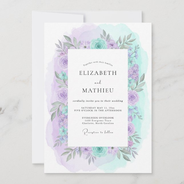Invitación Boda Artística de Primavera con Lavanda y Menta (Anverso)