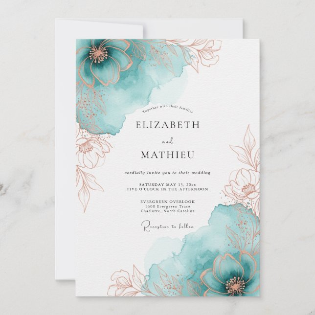 Invitación Boda artística de primavera con rosa teal y dorado (Anverso)