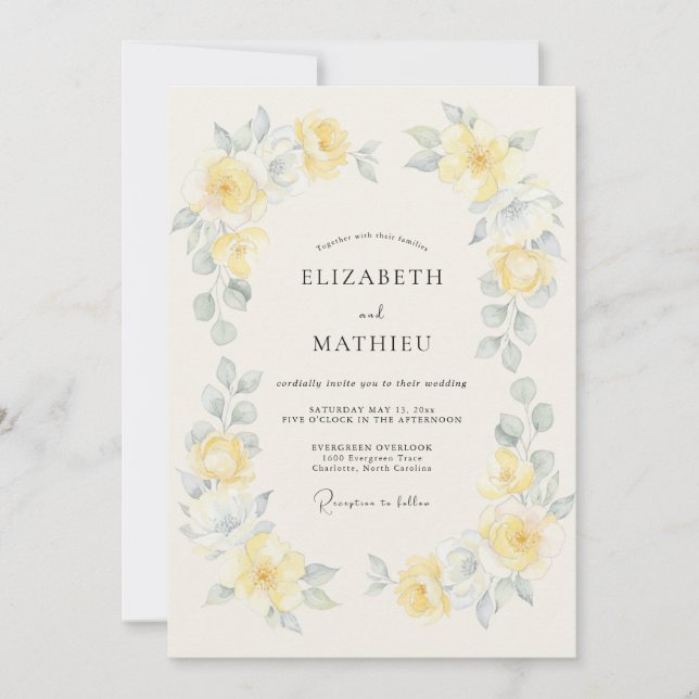 Invitación Boda artística de primavera en amarillo prímula (Anverso)