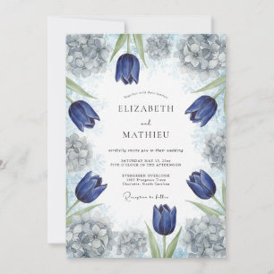 Invitación Boda artística de primavera en azul marino