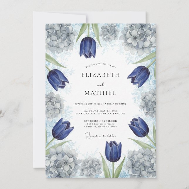 Invitación Boda artística de primavera en azul marino (Anverso)