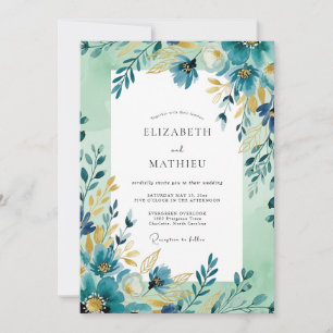 Invitación Boda artística de primavera en ocres y verdes azul