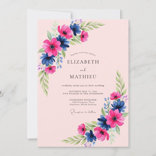 Invitación Boda artística de primavera en rosa naví (Anverso)