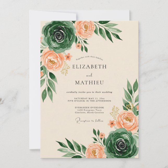 Invitación Boda artística de primavera en verde esmeralda y m (Anverso)