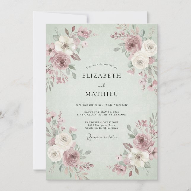 Invitación Boda artística de primavera en verde salvia (Anverso)