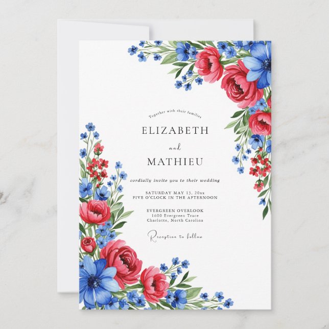 Invitación Boda artística de verano azul carmesí (Anverso)