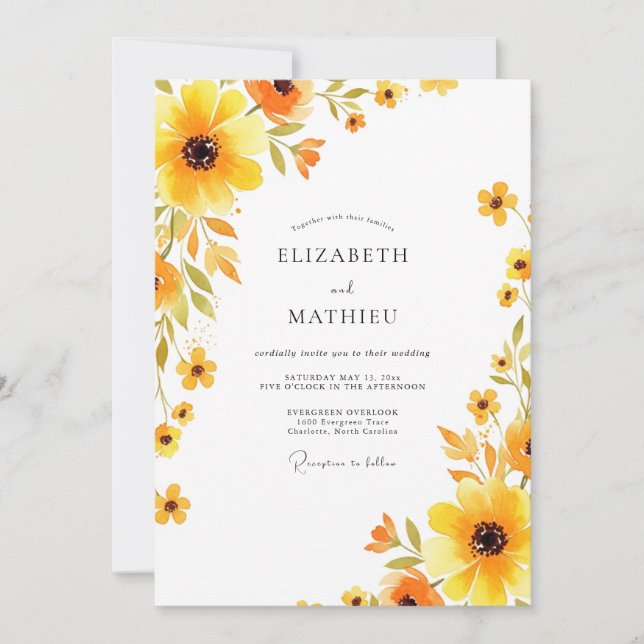 Invitación Boda Artística Flor Amarillo (Anverso)