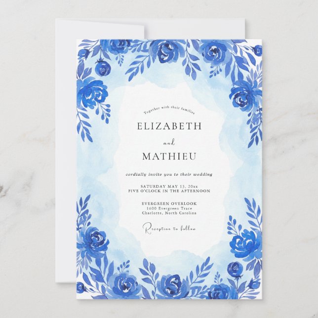 Invitación Boda Artística Flor de Azul Cobalto (Anverso)