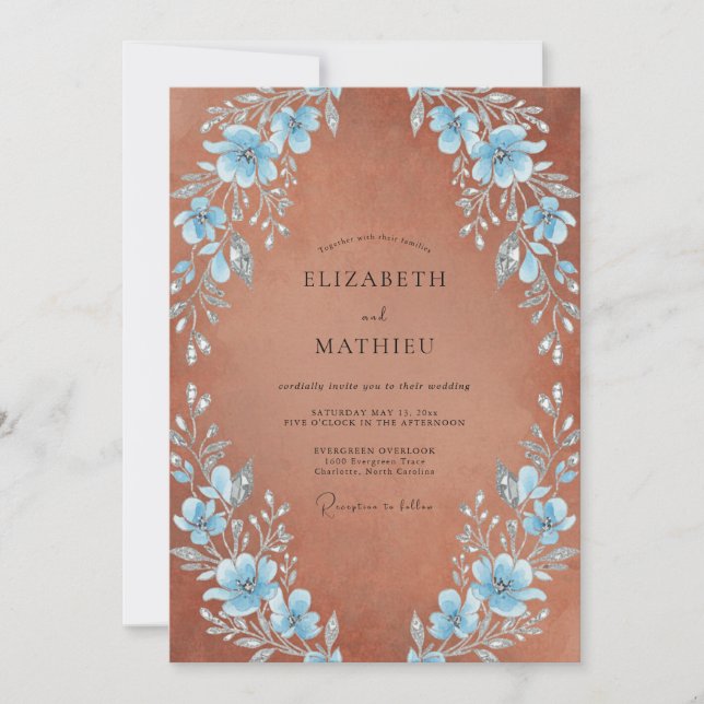 Invitación Boda Artística Flor de Azul Polvo (Anverso)