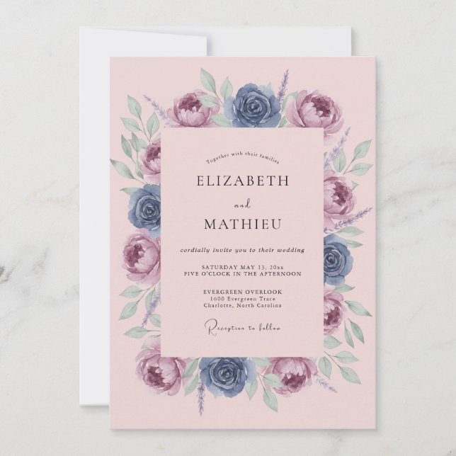 Invitación Boda Artística Flor de Azul Polvoriento (Anverso)