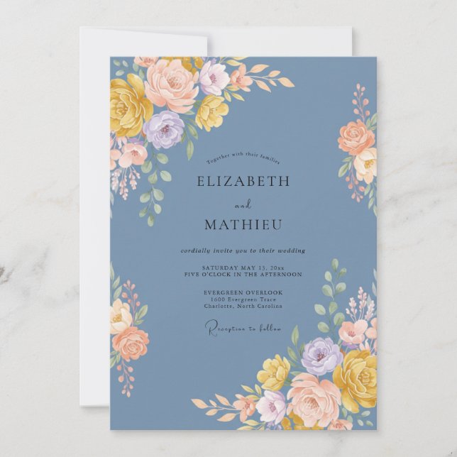 Invitación Boda Artística Flor de Azul Polvoriento (Anverso)