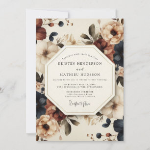 Invitación Boda Artística Flor de Borgoña Índigo