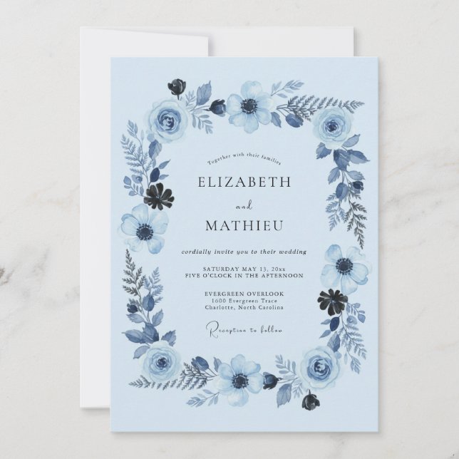 Invitación Boda Artística Flor de Cielo Azul (Anverso)
