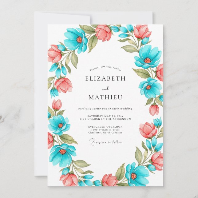 Invitación Boda Artística Flor de Coral Teal (Anverso)
