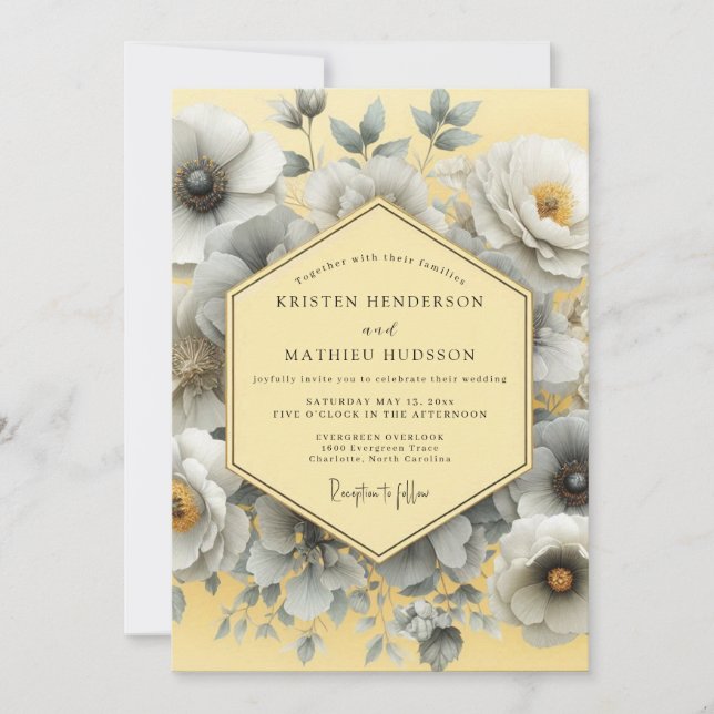 Invitación Boda Artística Flor de Grises Canario (Anverso)