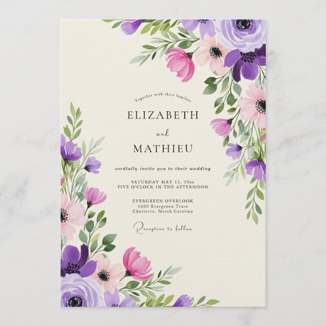 Invitación Boda Artística Flor de Lavanda Rosa (Anverso)
