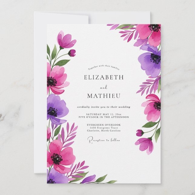 Invitación Boda Artística Flor Magenta Púrpura (Anverso)