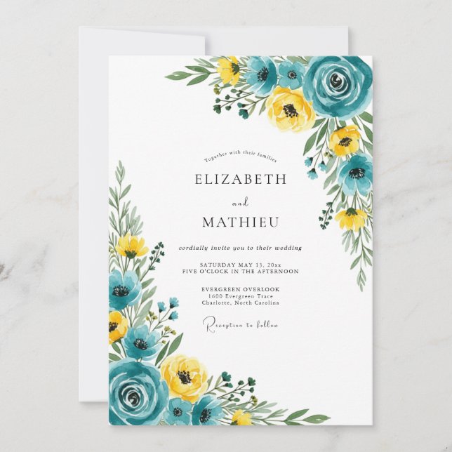 Invitación Boda Artística Floral Amarillo Turquesa (Anverso)
