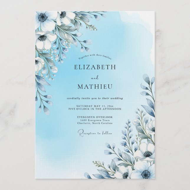 Invitación Boda Artística Floral Azul Cielo (Anverso)
