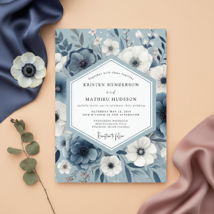 Invitación Boda Artística Floral Azul Pizarra