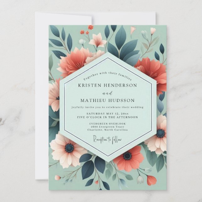 Invitación Boda Artística Floral Coral Salvia (Anverso)