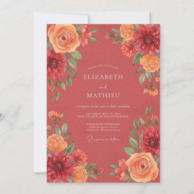 Invitación Boda Artística Floral de Coral (Anverso)