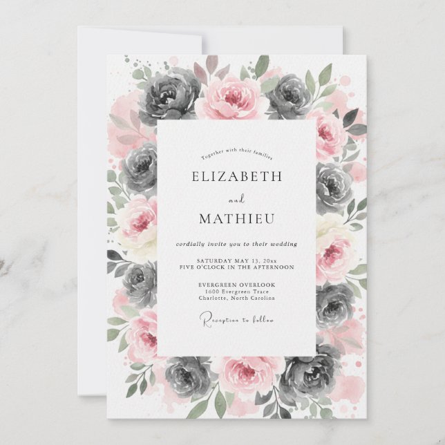 Invitación Boda Artística Floral Gris Rubor (Anverso)