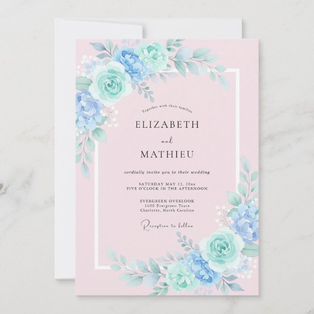 Invitación Boda Artística Floral Menta Azul (Anverso)