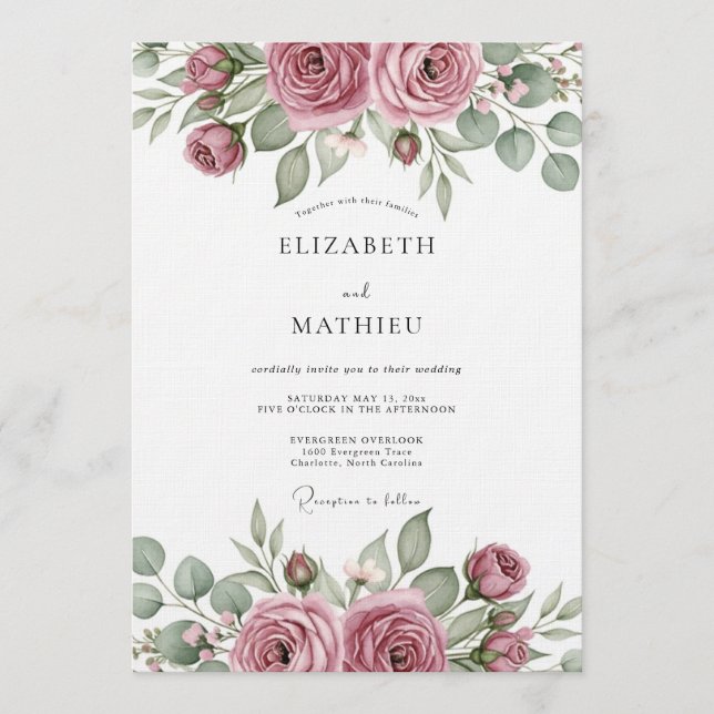 Invitación Boda Artística Floral Rosa Polvorienta (Anverso)