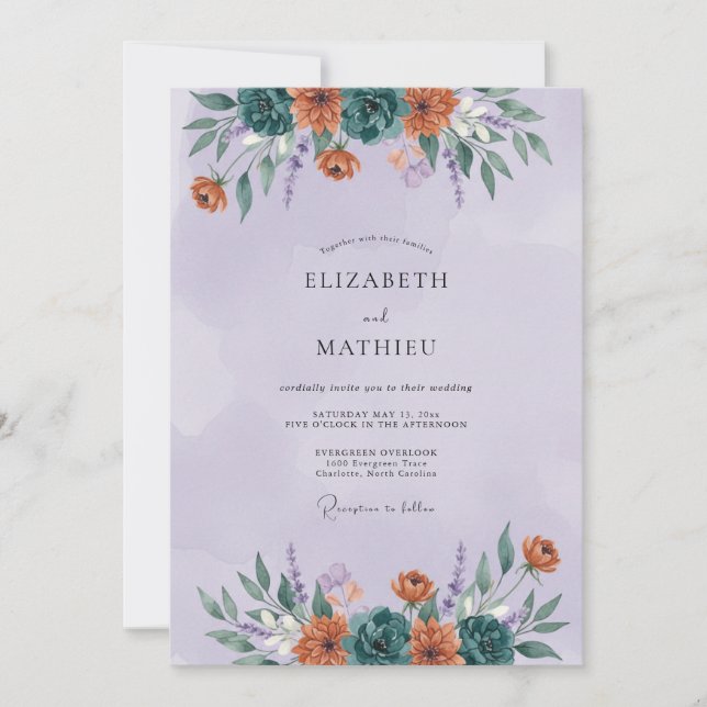 Invitación Boda Artística Floral Verde Azul (Anverso)