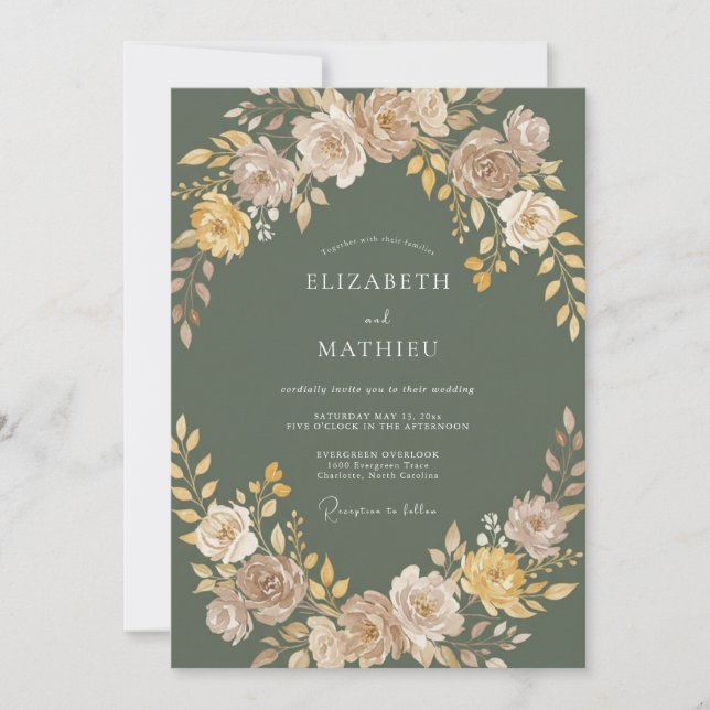 Invitación Boda Artística Otoñal Verde Salvia (Anverso)