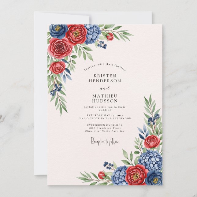 Invitación Boda Artística Tradicional Navy Crimson (Anverso)