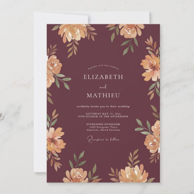 Invitación Boda Artística Vintage Borgoña (Anverso)