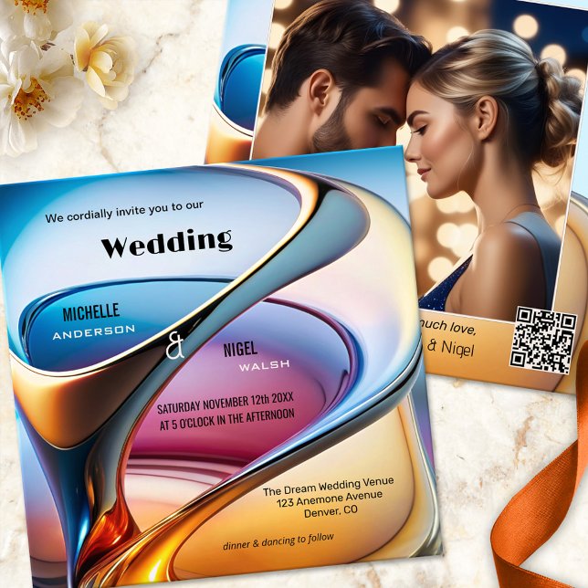 Invitación Boda artístico de resumen moderno (Modern art photo wedding invitation featuring a colorful flow abstract design - with QR code)