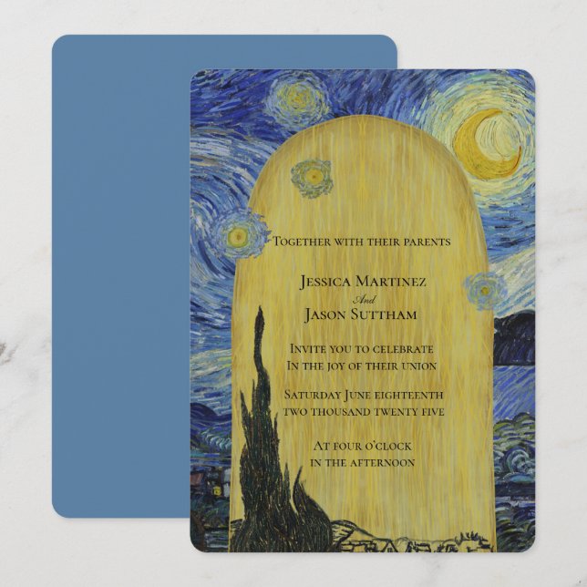 Invitación Boda artístico estelar nocturno (Anverso / Reverso)