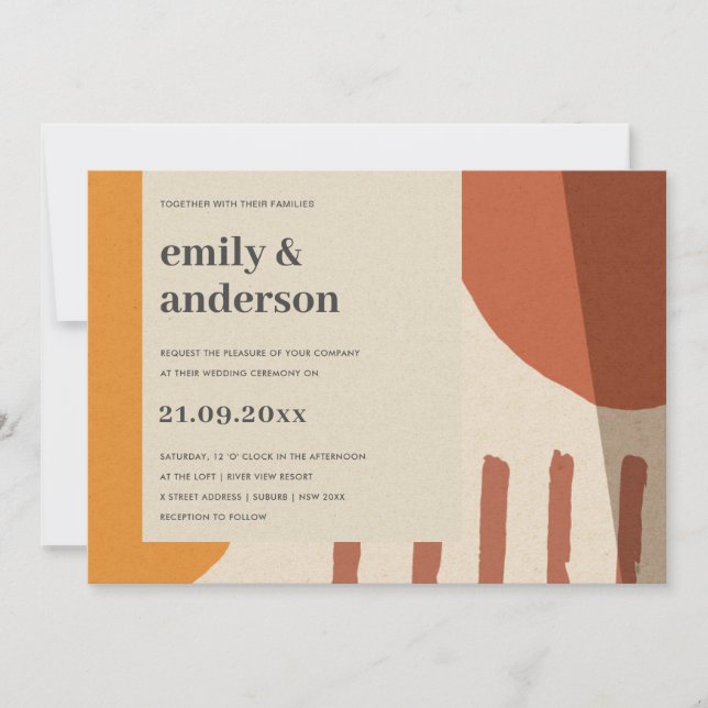 INVITACIÓN BODA ARTÍSTICO MODERNO ABSTRACTO AMARILLO TERRACOT (Anverso)