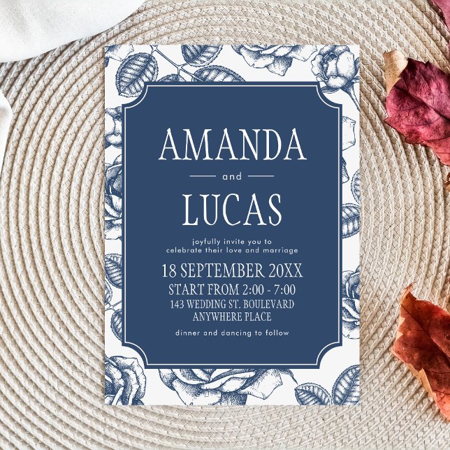 Invitación Boda asador chino elegante (Blue Vintage Elegant Wedding Invitation)