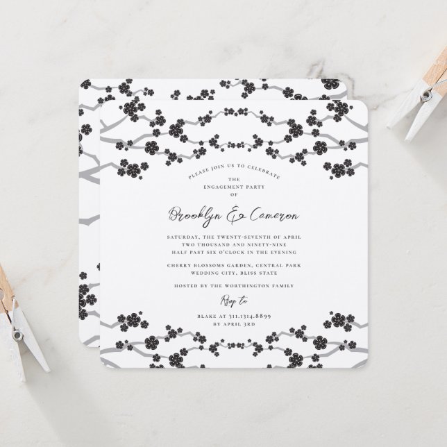 Invitación Boda asiático elegante con flores de cerezo negro  (Anverso/Reverso In Situ)