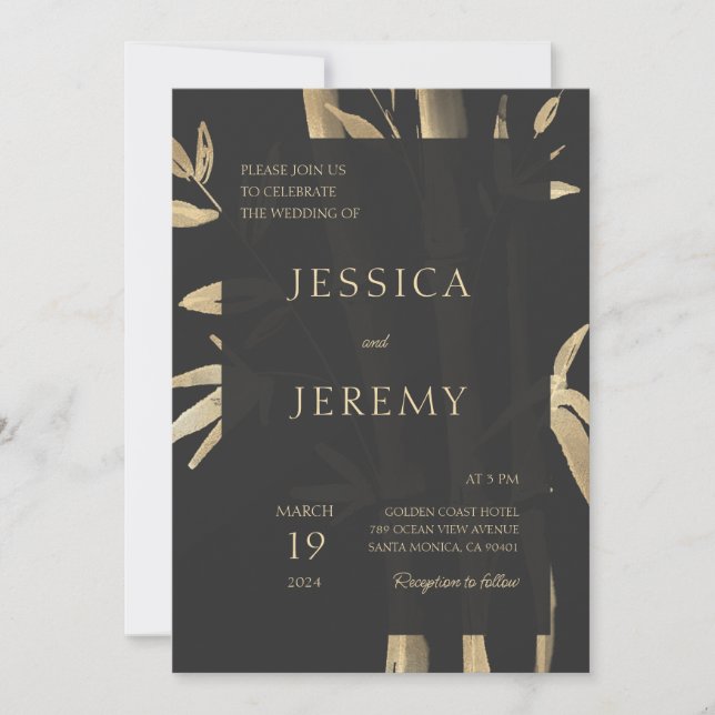 Invitación Boda asiático japonés de bambú mínimo negro (Anverso)