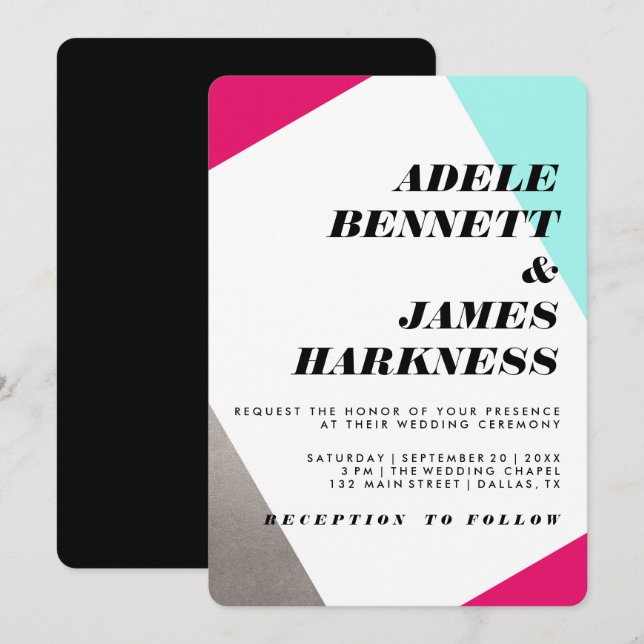 Invitación Boda asimétrico de plata rosada caliente y turques (Anverso / Reverso)