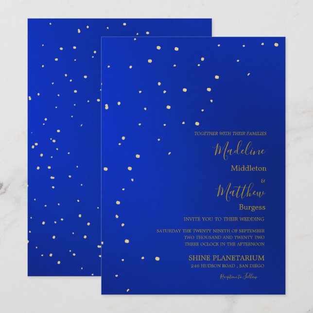 Invitación Boda Astral Gold Stars Blue Evending (Anverso / Reverso)