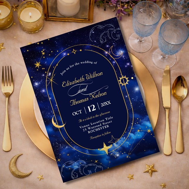 Invitación Boda astronomía celestial mística luna oro azul (Subido por el creador)